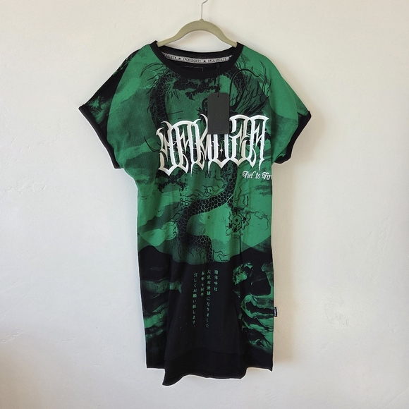 NEW Yakuza Streetwear Green Dragon T-Shirtdress Grunge Gangster Y2K 90s Large - Picture 2 of 11